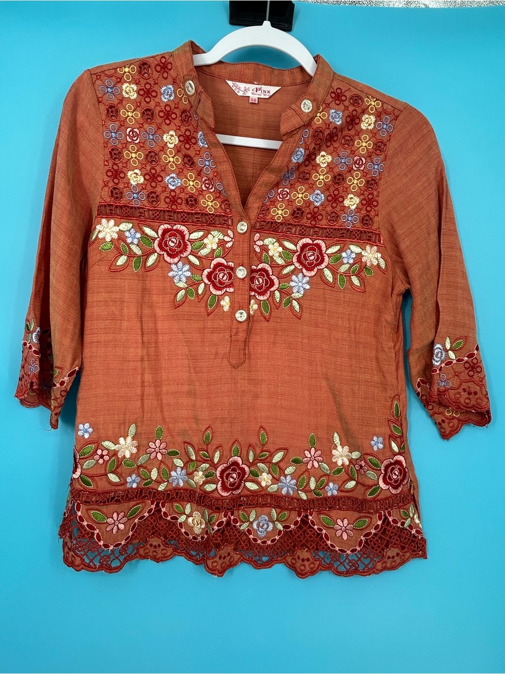 Embroidered Rust Floral Tunic Top - PINK